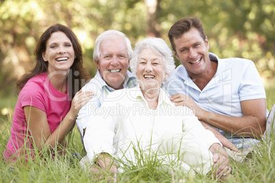 Familie sitzt im Gras