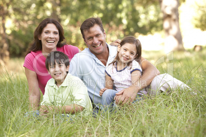 Familie sitzt im Gras