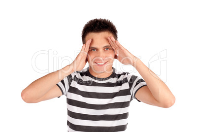 Smiling Man Hands Touching Head Pose