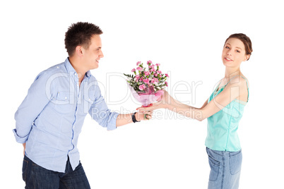 Casual Man Giving Flowers to Girlfriend