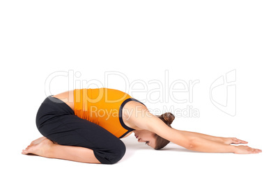 Woman Doing Extended Child Pose Yoga Asana