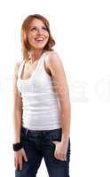 happy woman in t-shirt smile