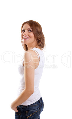 happy woman in t-shirt and jeans smile