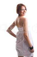Beauty woman on white cloth look at you smile
