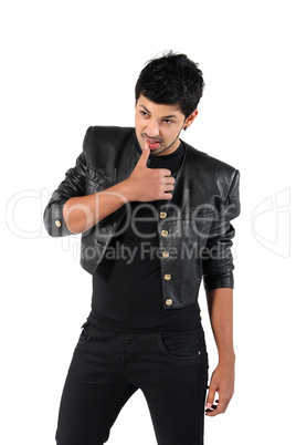 young man in a black leather jacket