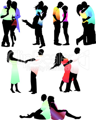 Set of happy love couple silhouettes. Boys and girls