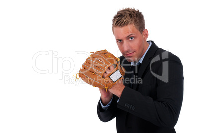 Young businessman with a baseball glove