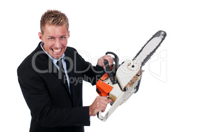Young businessman with chainsaw