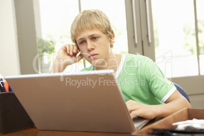 Worried Looking Teenage Boy Using Laptop At Home