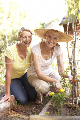 Senior Woman And Adult Daughter Relaxing In Garden