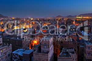 Panorama of Sanaa at night, Yemen