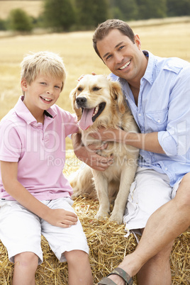 Father And Son Sitting With Dog On Straw Bales In Harvested Fiel