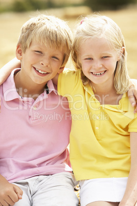 Portrait Of Boy And Girl In Summer Harvested Field