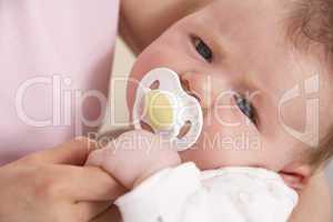 Close Up Of Baby Boy With Dummy Holding Mothers Hand