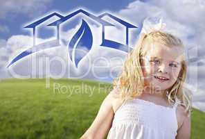 Blue Eyed Girl Playing Outside with Ghosted Green House Graphic