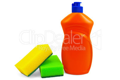 Bottle of detergent and two sponges