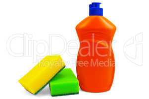 Bottle of detergent and two sponges