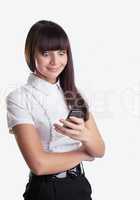 Happy wonder business girl look at cell phone