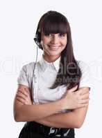 Young woman with headset friendly smile