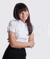 Young Business woman with cell in hands smile to you