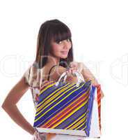 Young girl with striped bags on spine look at you