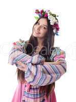young girl with garland dance in russian costume