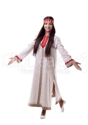 Young girl in dance pose and smile - flax cloth