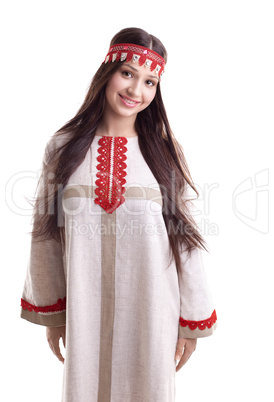 Young girl in dance pose and smile - flax cloth