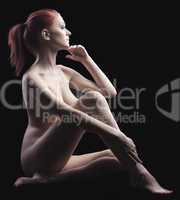 Beauty naked girl sit in dark - close her body