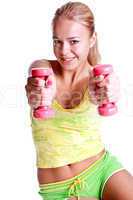 pink dumbbells in the hands of women