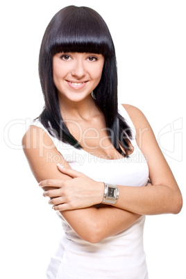 beautiful woman in a white T-shirt