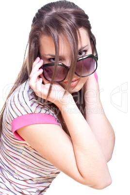 woman in a pink shirt with the glasses