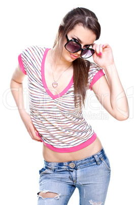 woman in a pink shirt with the glasses