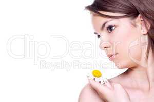 woman face with yellow camomile