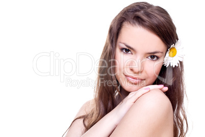 woman face with yellow camomile