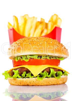 Tasty hamburger and french fries