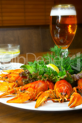Crayfishs with beer on a table at restaurant
