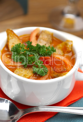 Tasty soup on a table at restaurant