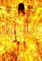 girl with an axe in a fiery flame. on pain of death