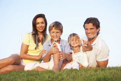 Young parents, with children, posing on a field