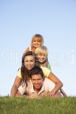 Young parents, with children, posing on a field