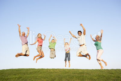 Young couple with grandparents and children jump in a field