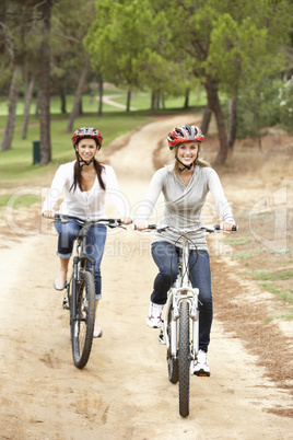 Couple riding bicycle in park