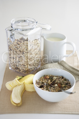 A table setting of breakfast foods