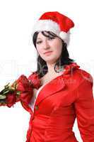woman in a red suit and hat of Santa Claus with red roses