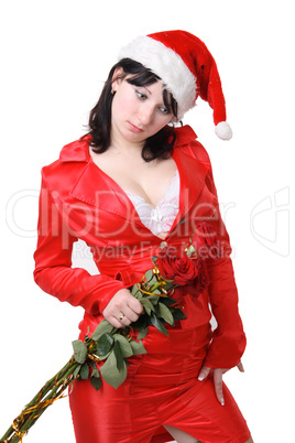 Portrait of a beautiful young woman in a red suit and hat of San