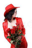 beautiful woman in the red suit, hat and red roses