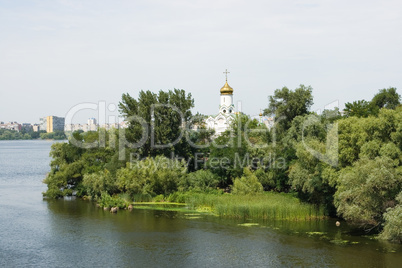 Church on the island, the Dnieper River, Ukraine