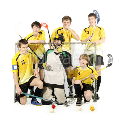 floorball players and goalkeeper