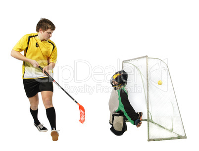 floorball player and goalkeeper on the white